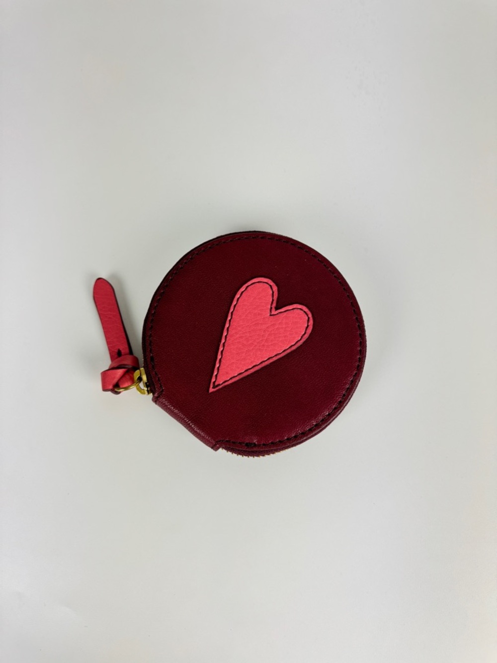 Fossil Burgundy Round Coin Wallet with Pink Heart Accent